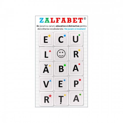 ZALFABET - Set de 6 jocuri cu zaruri si litere, educative si distractive pentru dezvoltarea vocabularului ZALFABET - Set de 6 jocuri cu zaruri si litere, educative si distractive pentru dezvoltarea vocabularului