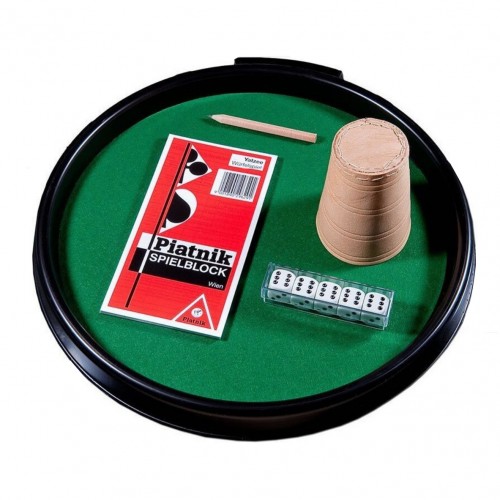 Set pentru jocuri cu zaruri Piatnik - tava diametru 32 cm, 5 zaruri 16mm, cupa de piele, carnetel de scor si creion Set pentru jocuri cu zaruri Piatnik - tava diametru 32 cm, 5 zaruri 16mm, cupa de piele, carnetel de scor si creion